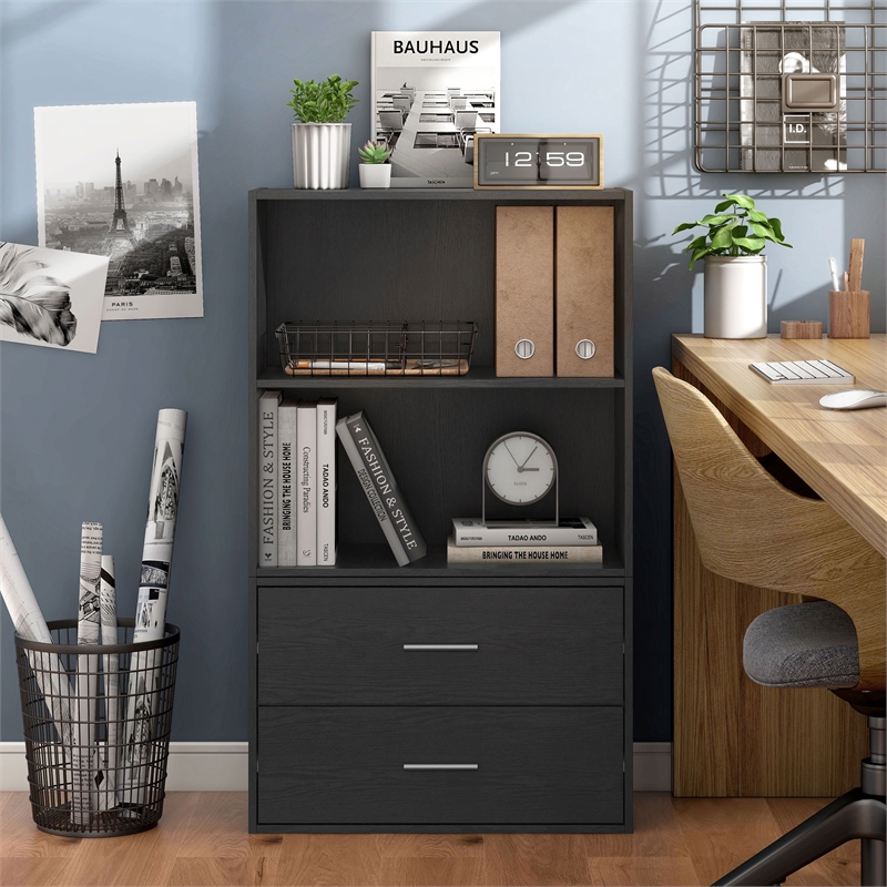 Bowery Hill Contemporary Stackable Wood 2-Shelf Bookcase in Black