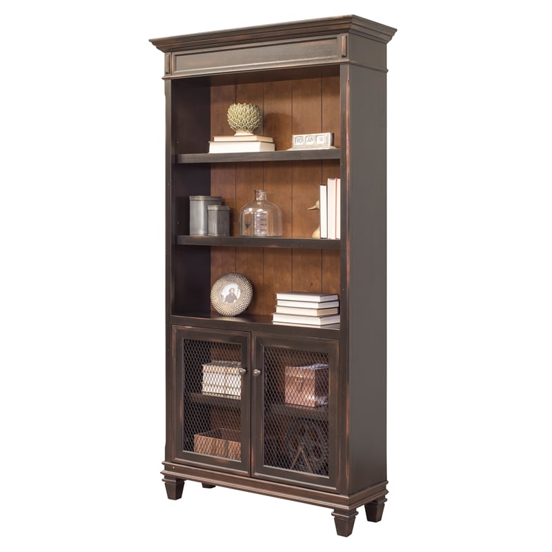 Bowery Hill Wood Bookcase With Doors Storage Cabinet Office Shelves in Black