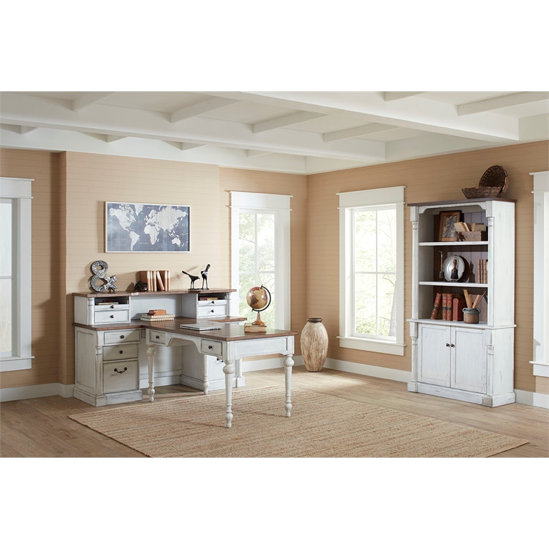 Bowery Hill Rustic Wood Bookcase With Doors Storage Cabinet in White