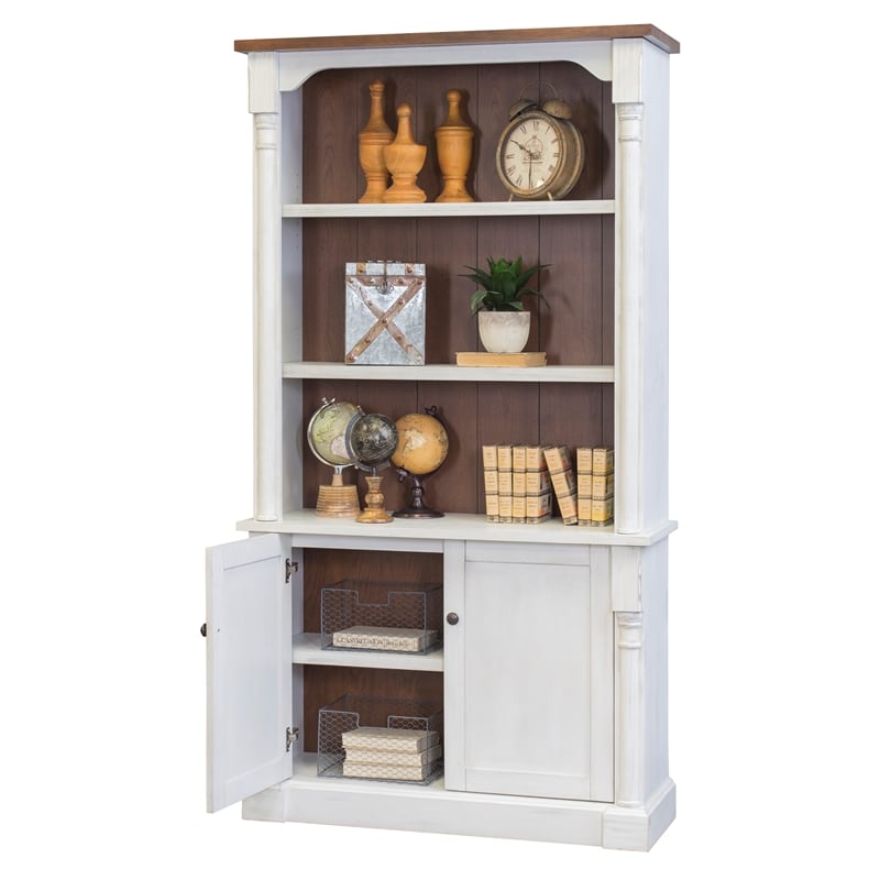 Bowery Hill Rustic Wood Bookcase With Doors Storage Cabinet in White