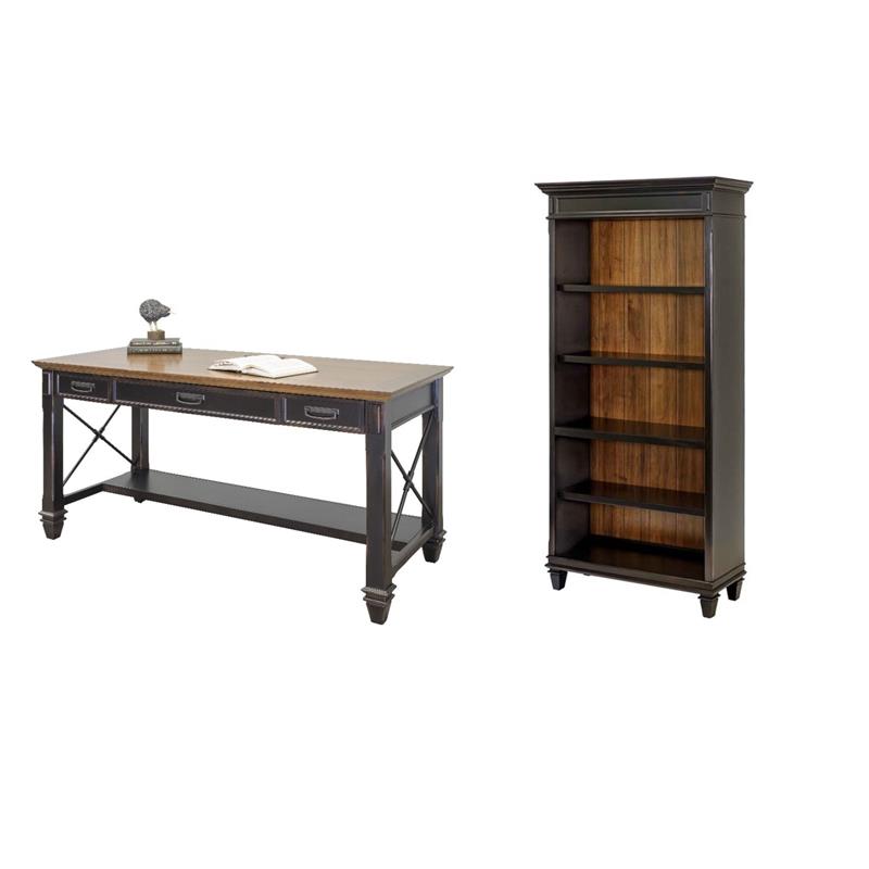Bowery Hill Set of 2 Traditional Wood Writing Office Desk & Bookcase