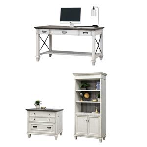 Bowery Hill Set of 3 60&quotW Writing Desk & Bookcase with Doors & File Cabinet