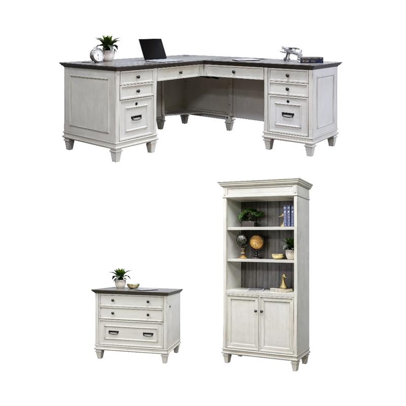 Bowery Hill Set of 3 L-Shaped Office Desk & Bookcase with Doors & File Cabinet