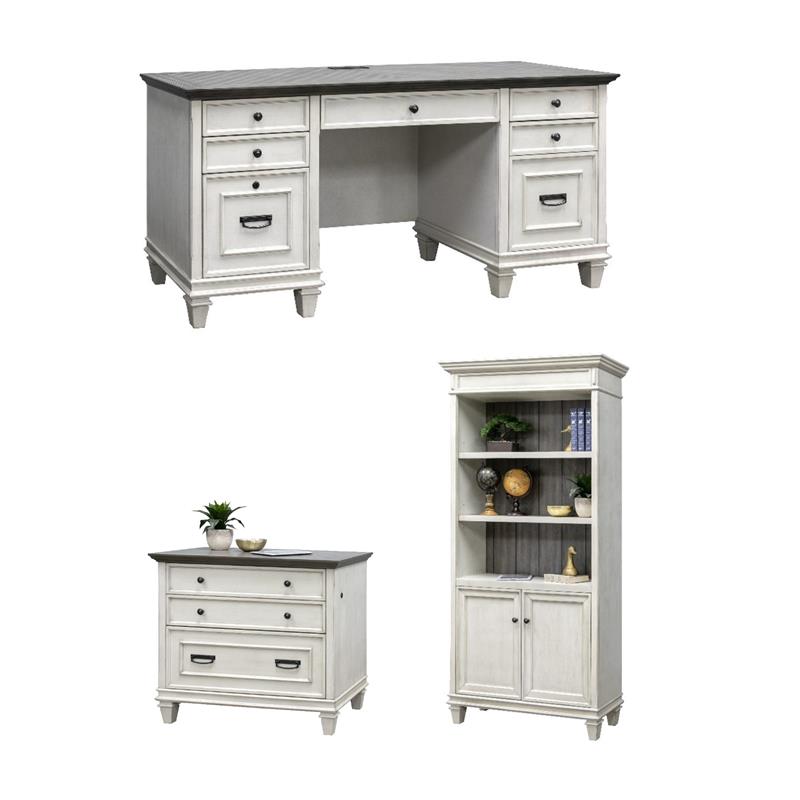 Bowery Hill Set of 3 Credenza Office Desk & Bookcase with Doors & File Cabinet