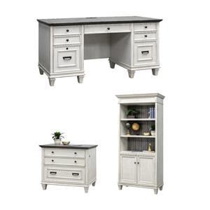 Bowery Hill Set of 3 Credenza Office Desk & Bookcase with Doors & File Cabinet