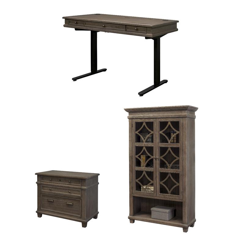 Bowery Hill Set of 3 Sit/Stand Desk & Glass Display Bookcase & Filing Cabinet