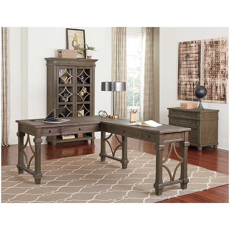 Bowery Hill 2Pc Set L-Desk & Return Writing Office Desk & Glass Display Bookcase