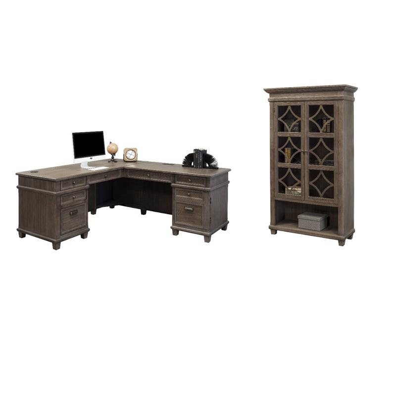 Bowery Hill 2Pc Set L-Desk & Return Writing Office Desk & Glass Display Bookcase