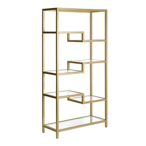 Bowery Hill 68&quot 5-Tier Brass Metal Book Case with Glass Top Shelves