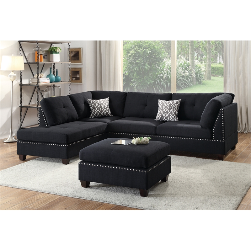 Bowery Hill 3 Piece Fabric Sectional Sofa Set with Ottoman in Black