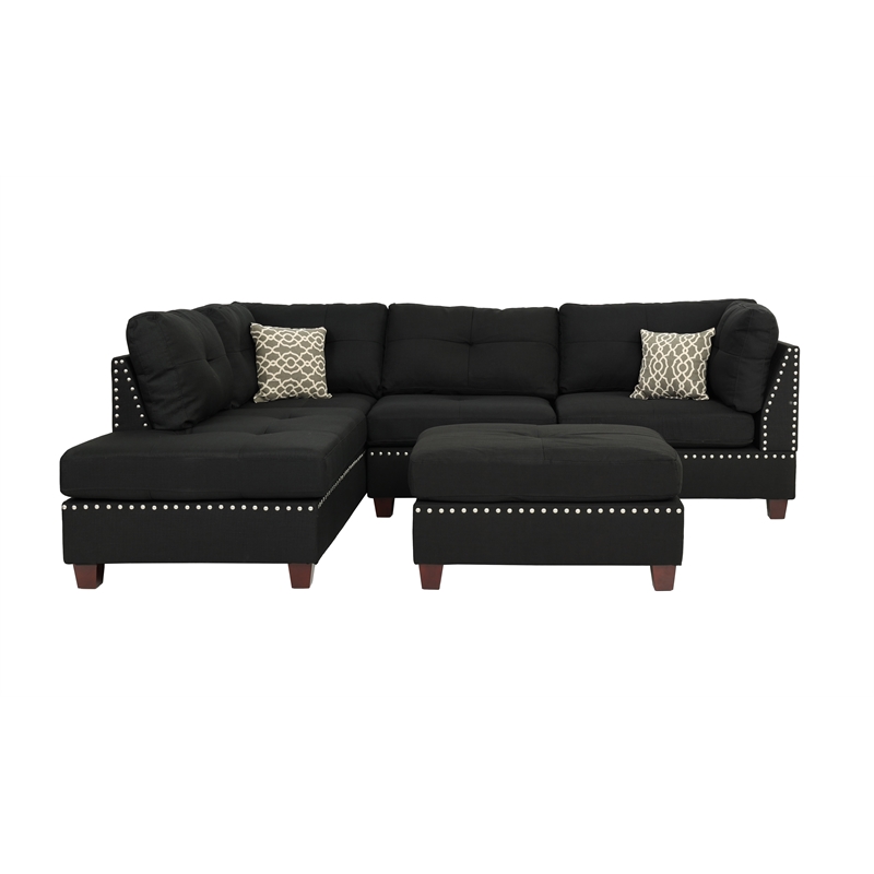 Bowery Hill 3 Piece Fabric Sectional Sofa Set with Ottoman in Black