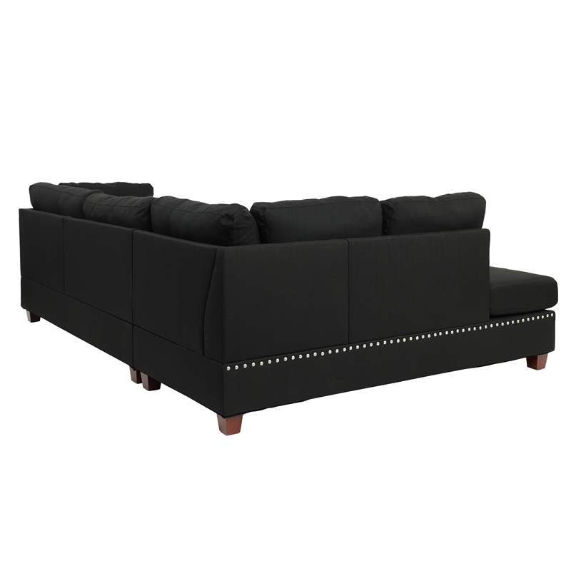 Bowery Hill 3 Piece Fabric Sectional Sofa Set with Ottoman in Black