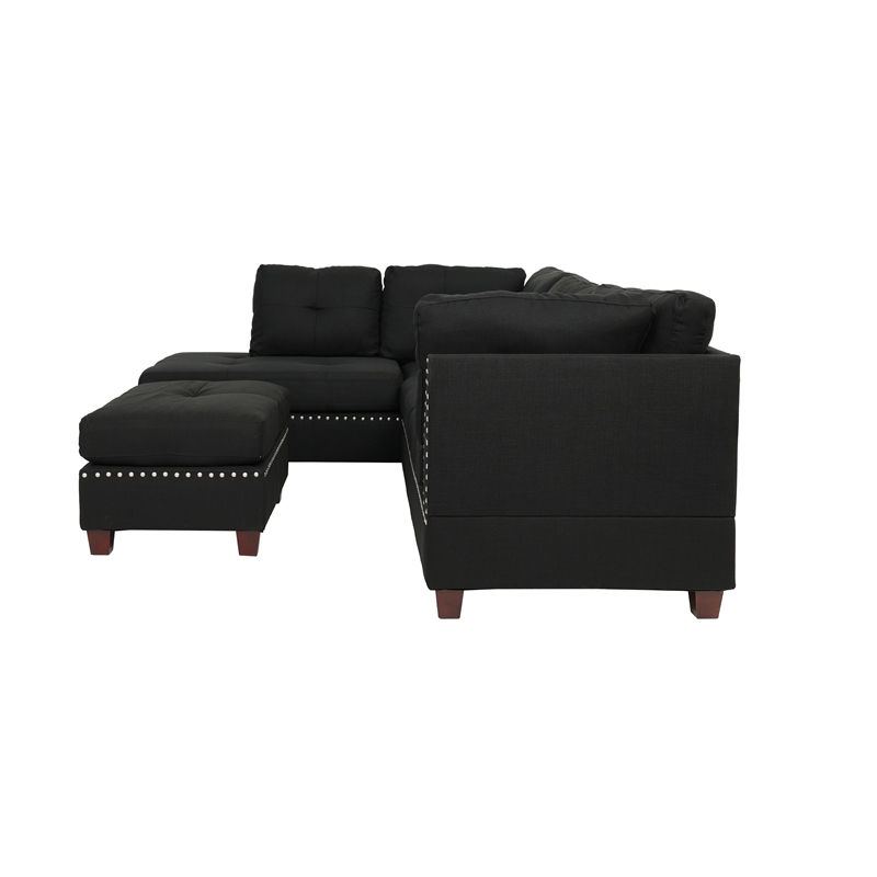 Bowery Hill 3 Piece Fabric Sectional Sofa Set with Ottoman in Black