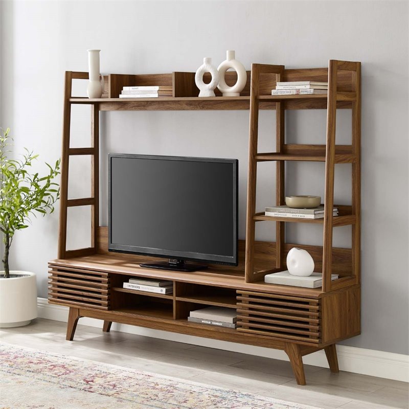 Bowery Hill Particleboard MDF TV Stand Entertainment Center in Walnut Finish