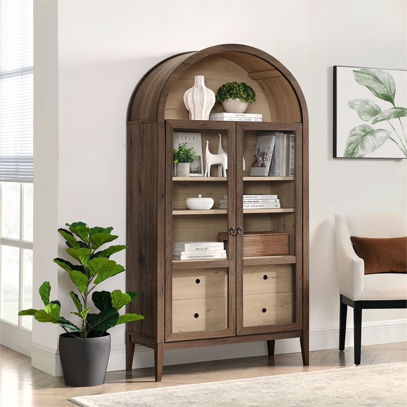 Bowery Hill Contemporary Storage Display Cabinet in Walnut Light Oak