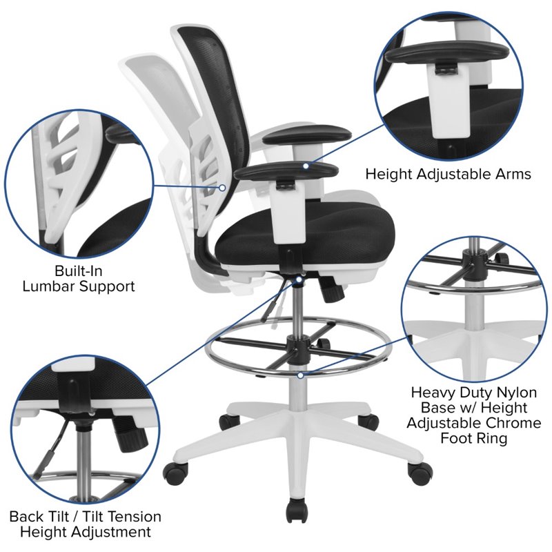 Bowery Hill Contemporary Mid Back Mesh Drafting Stool in Black and White