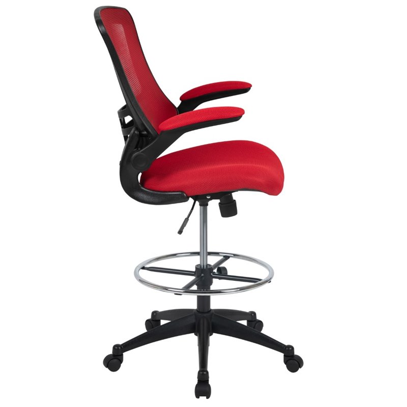 Bowery Hill Contemporary Mid Back Mesh Drafting Stool in Red