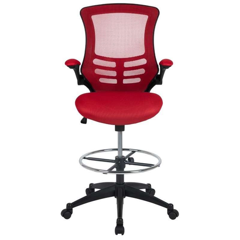 Bowery Hill Contemporary Mid Back Mesh Drafting Stool in Red