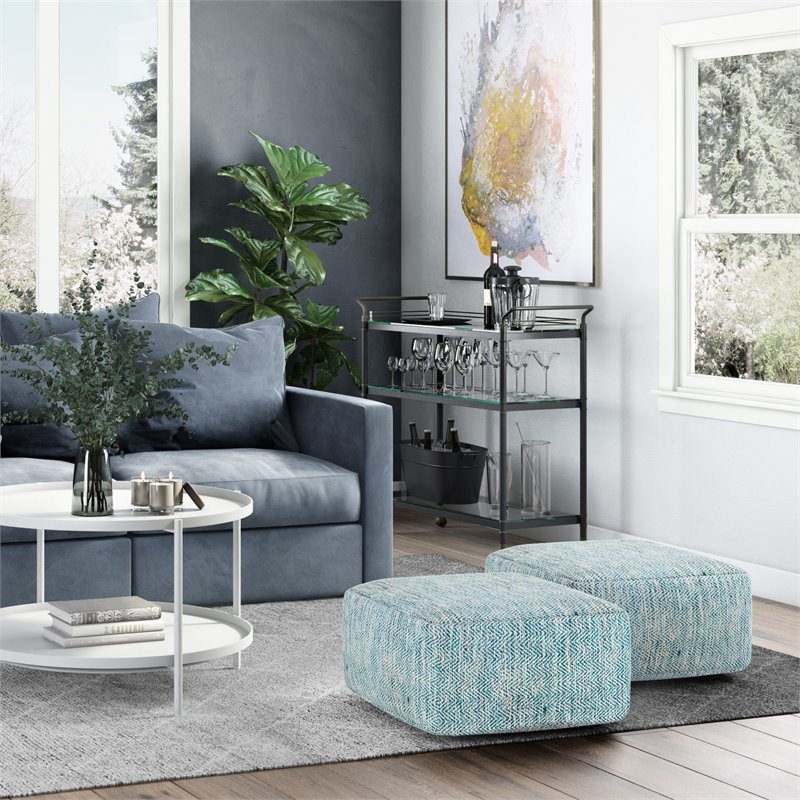 Bowery Hill Boho Square Pouf in Patterned Teal Melange Cotton