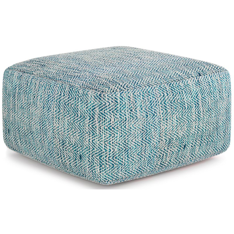 Bowery Hill Boho Square Pouf in Patterned Teal Melange Cotton
