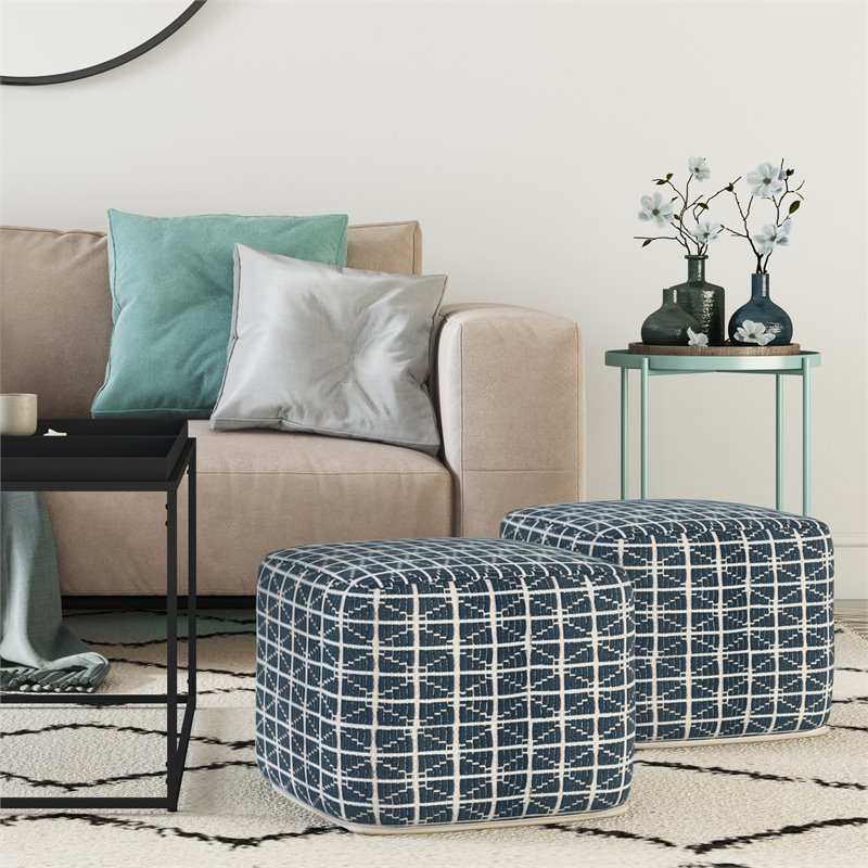 Bowery Hill Boho Square Pouf in Dark Blue and White Handloom Woven Pattern
