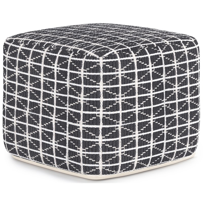 Bowery Hill Boho Square Pouf in Slate Gray and White Handloom Woven Pattern