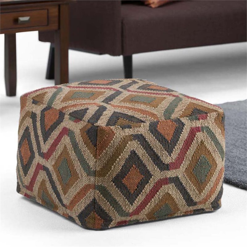 Bowery Hill Boho Square Pouf in Multi-Color Kilim Patterned Fabric Jute & cotton