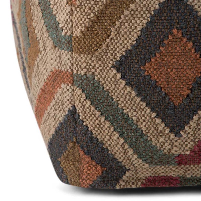 Bowery Hill Boho Square Pouf in Multi-Color Kilim Patterned Fabric Jute & cotton