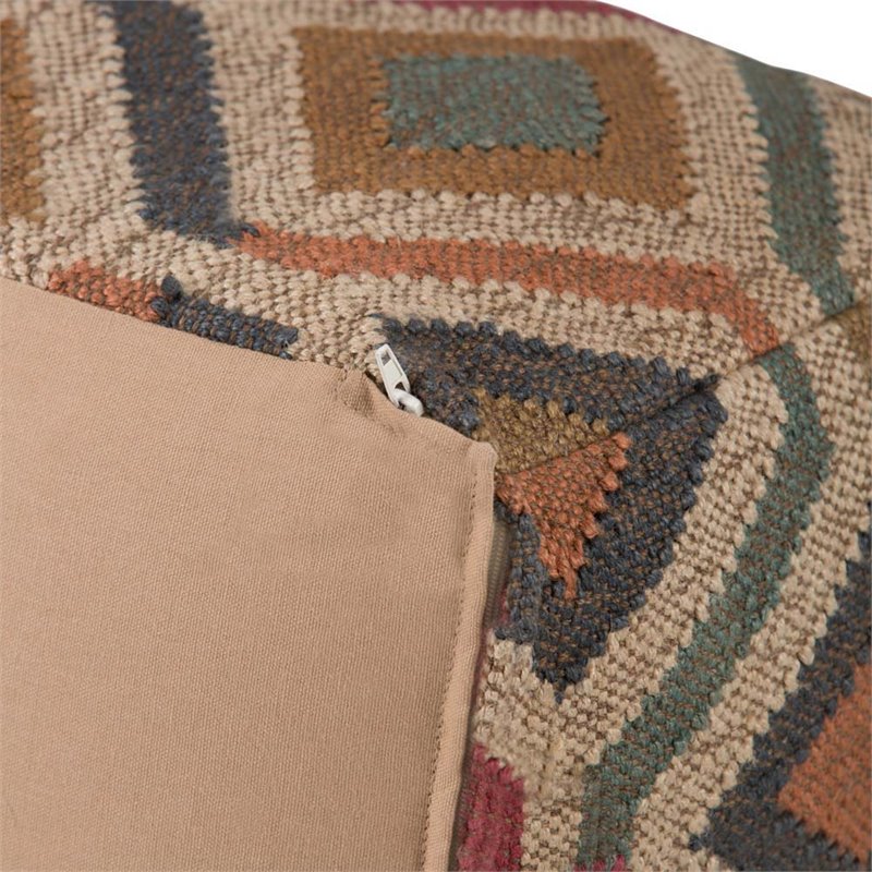 Bowery Hill Boho Square Pouf in Multi-Color Kilim Patterned Fabric Jute & cotton