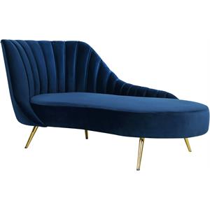 Bowery Hill Velvet Curved Back Chaise Lounge in Navy/Gold Legs