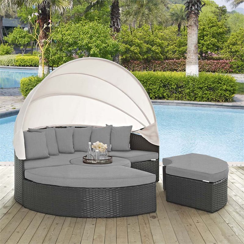 Bowery Hill Aluminum Rattan Fabric Patio Daybed in Canvas/Gray