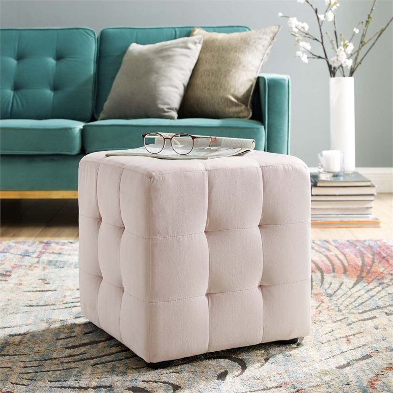 Bowery Hill Contemporary Tufted Cube Performance Velvet Ottoman in Pink