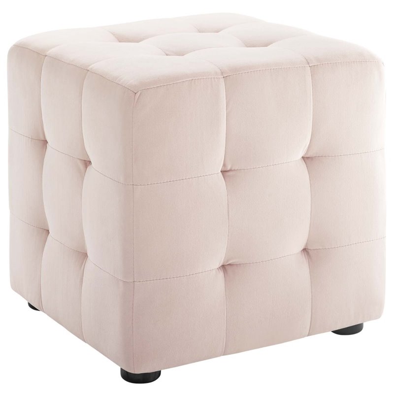 Bowery Hill Contemporary Tufted Cube Performance Velvet Ottoman in Pink