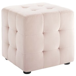 Bowery Hill Contemporary Tufted Cube Performance Velvet Ottoman in Pink