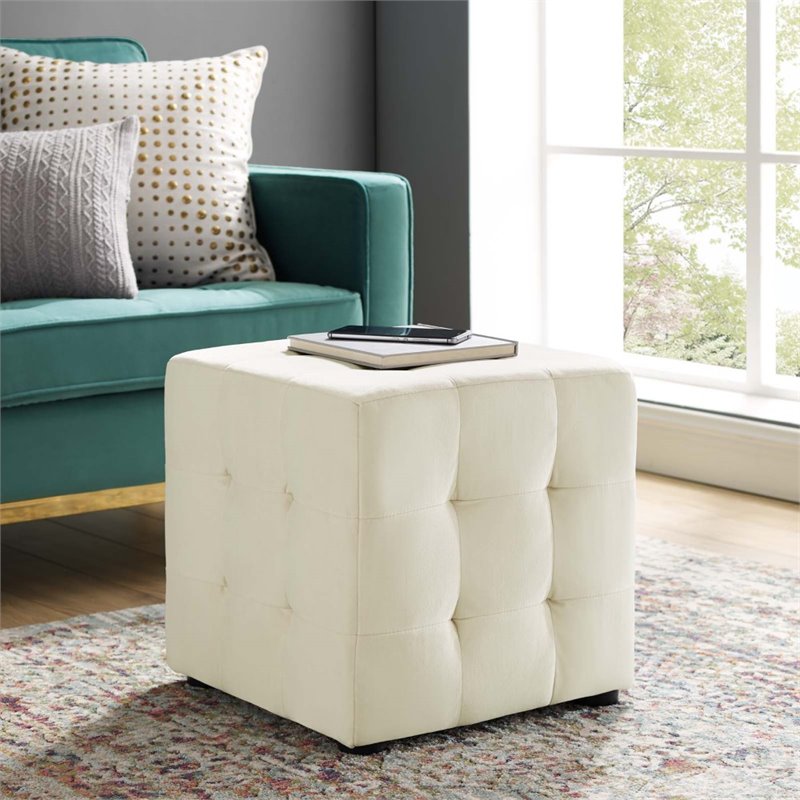 Bowery Hill Contemporary Tufted Cube Performance Velvet Ottoman in Ivory