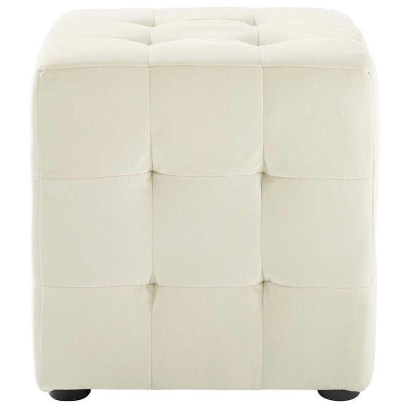 Bowery Hill Contemporary Tufted Cube Performance Velvet Ottoman in Ivory