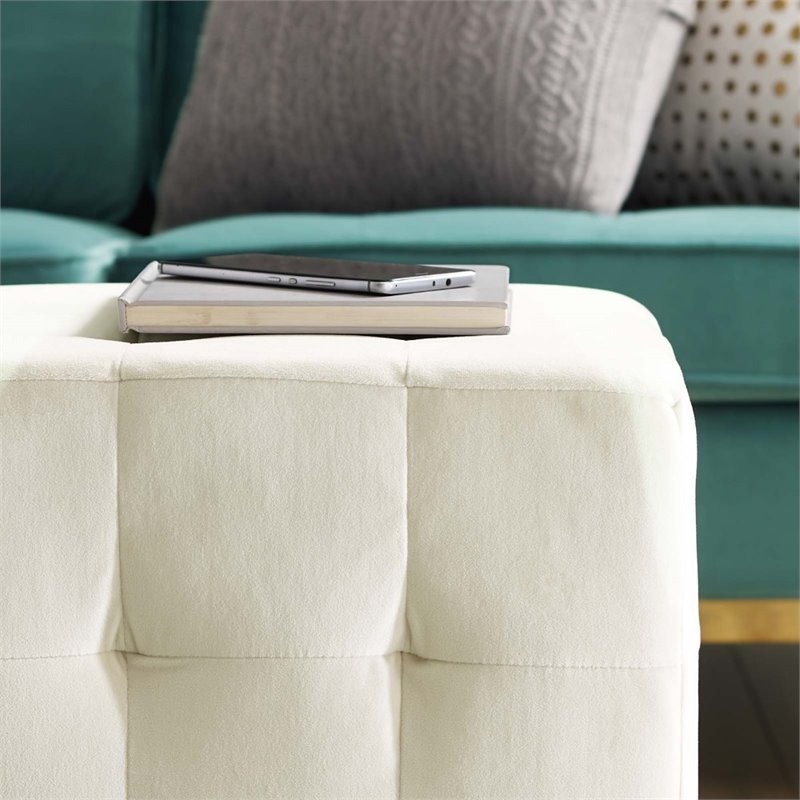 Bowery Hill Contemporary Tufted Cube Performance Velvet Ottoman in Ivory