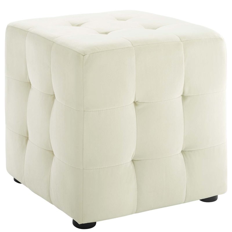 Bowery Hill Contemporary Tufted Cube Performance Velvet Ottoman in Ivory