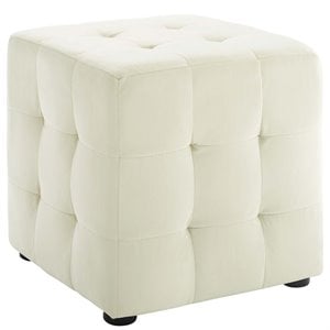 Bowery Hill Contemporary Tufted Cube Performance Velvet Ottoman in Ivory