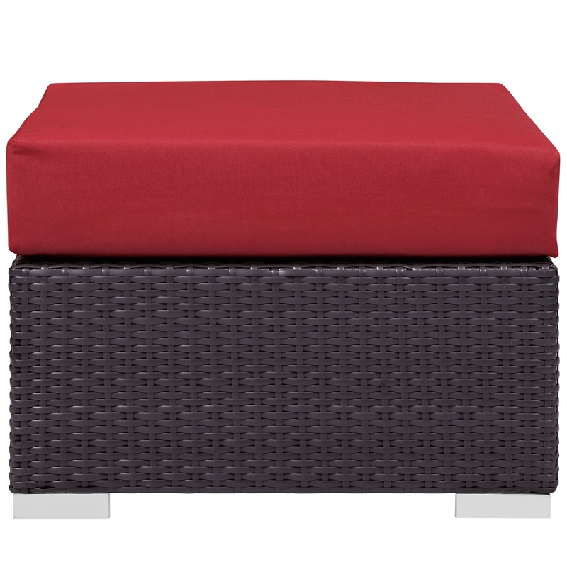 Bowery Hill Square Fabric and Rattan Patio Ottoman in Espresso/Red