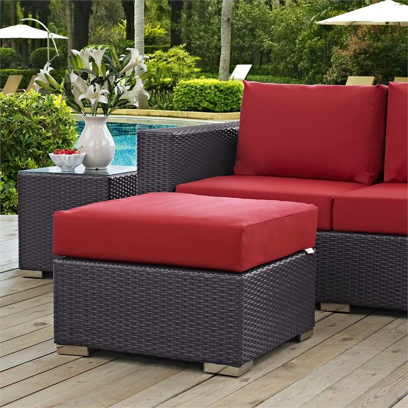 Bowery Hill Square Fabric and Rattan Patio Ottoman in Espresso/Red