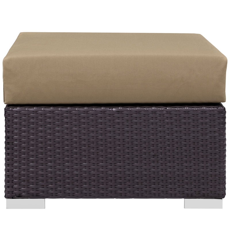 Bowery Hill Square Fabric and Rattan Patio Ottoman in Espresso/Mocha