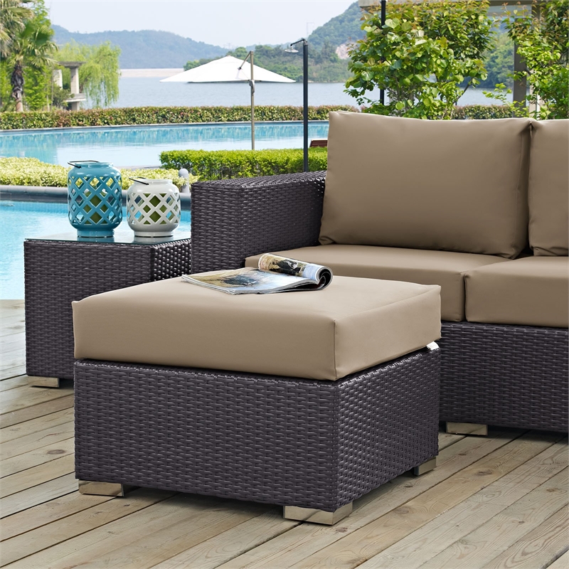 Bowery Hill Square Fabric and Rattan Patio Ottoman in Espresso/Mocha
