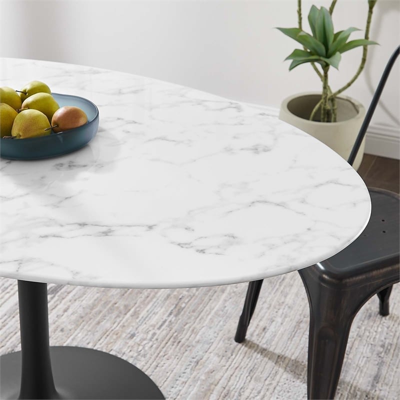 Bowery Hill Artificial Marble Black/White Dining Table Oval Chip-Resistant 54
