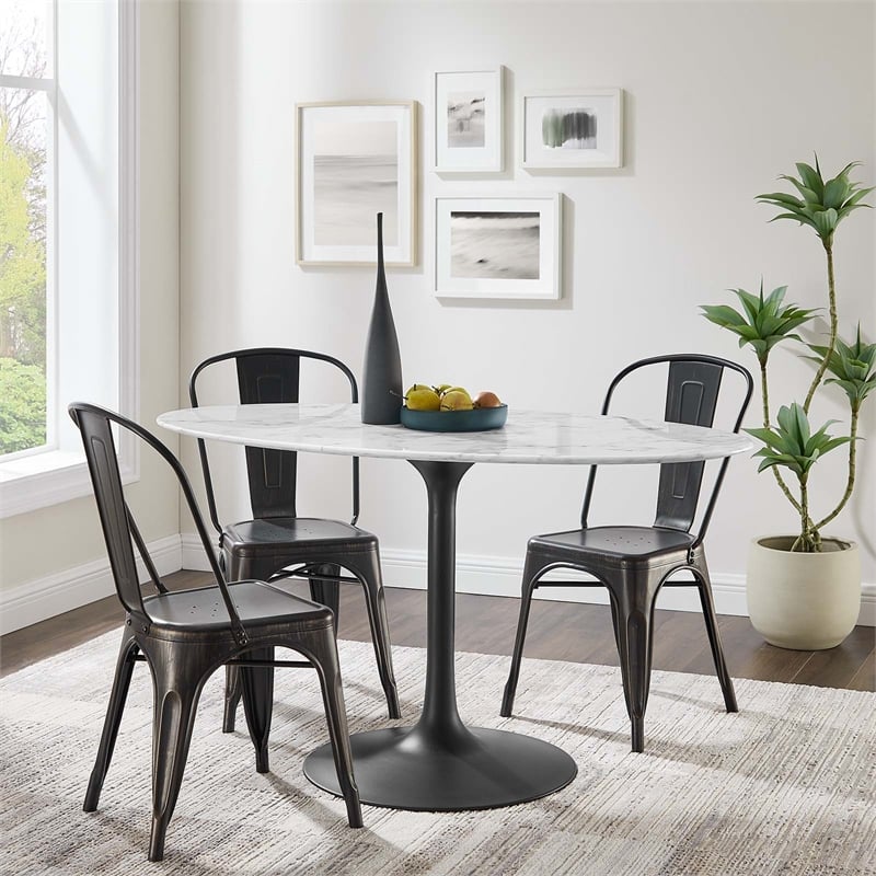 Bowery Hill Artificial Marble Black/White Dining Table Oval Chip-Resistant 54