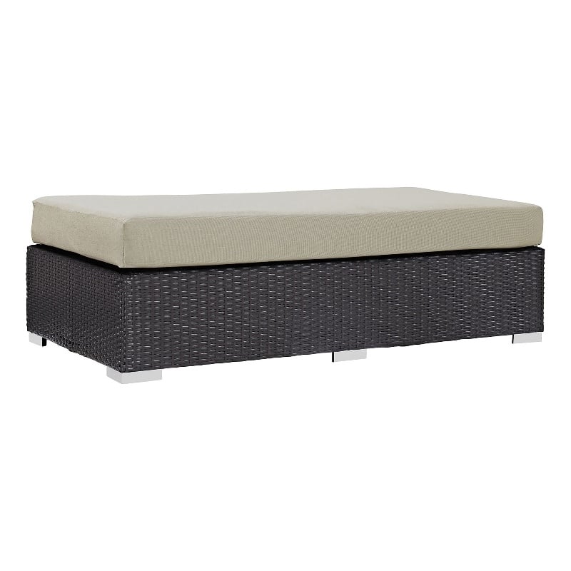 Bowery Hill Rectangle Fabric Rattan Patio Ottoman in Espresso/Beige