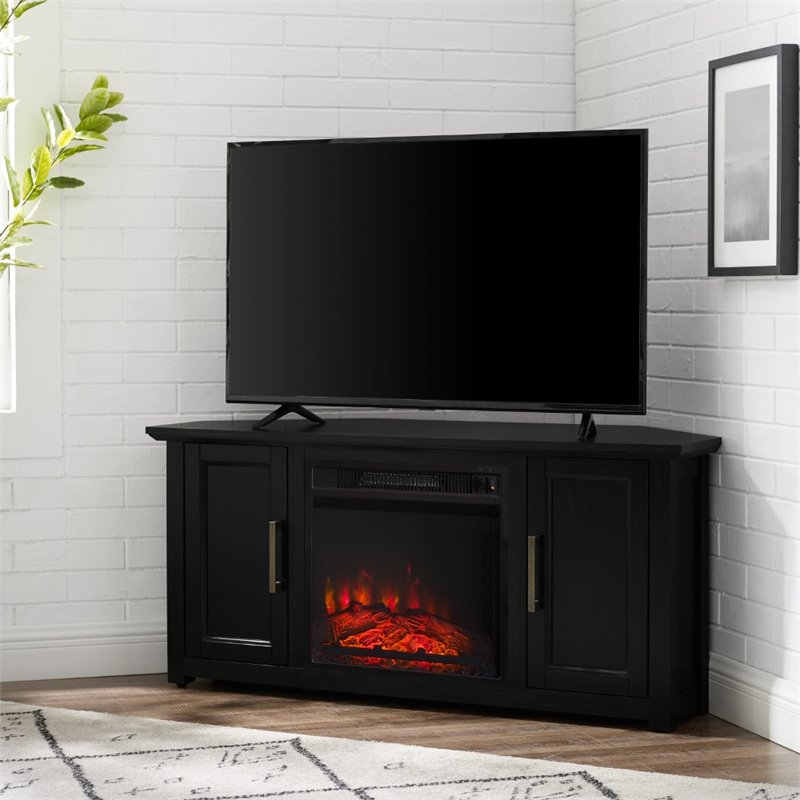 Bowery Hill MDF Black Corner TV Stand Rectangular Electric Fireplace 48