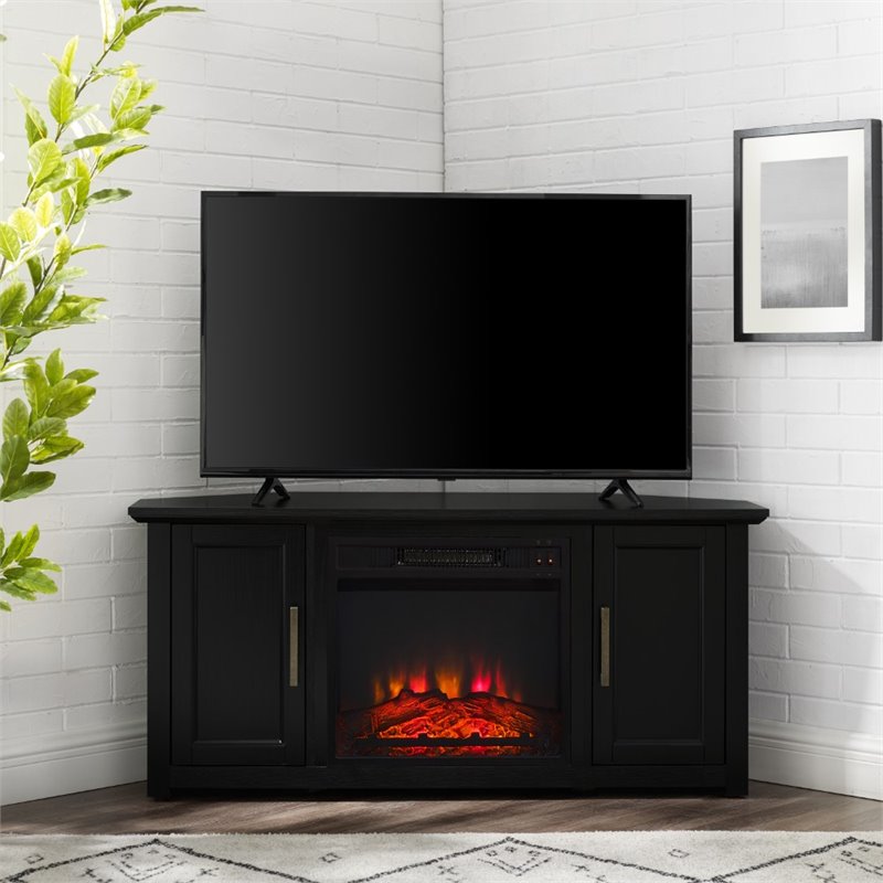 Bowery Hill MDF Black Corner TV Stand Rectangular Electric Fireplace 48