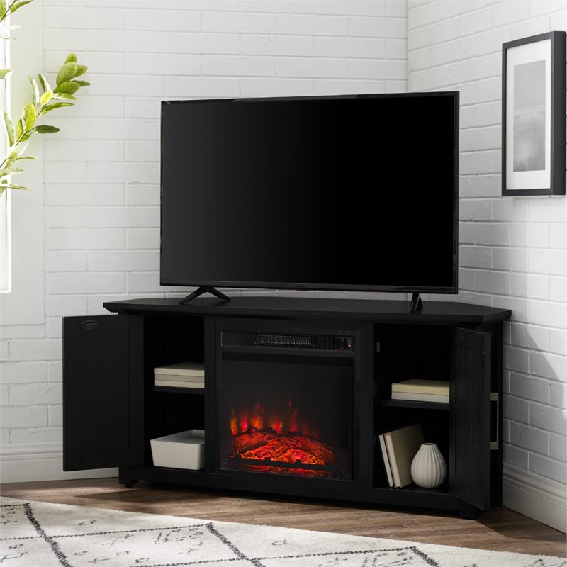 Bowery Hill MDF Black Corner TV Stand Rectangular Electric Fireplace 48