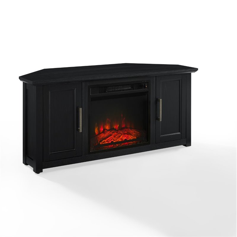 Bowery Hill MDF Black Corner TV Stand Rectangular Electric Fireplace 48